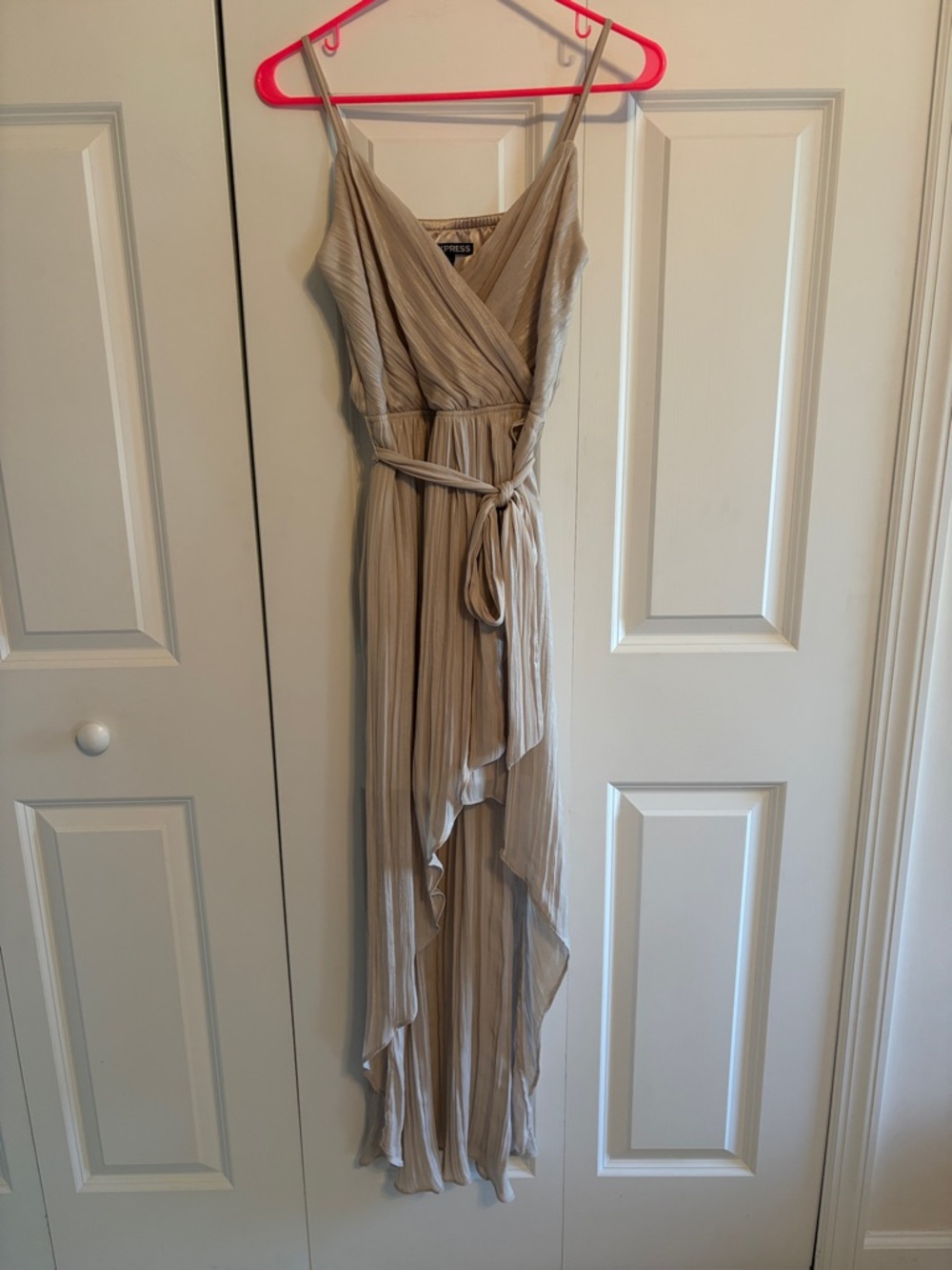 Express Gold Shimmer Wrap Maxi Dress with Waist Tie